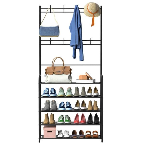 Entryway Coat Hat Rack Garment Shoe Storage Shelf Freestanding Hall Tree Clothing Hanger Stand Clothes Shoe Organizer Combo - Noventis Home