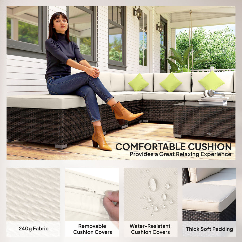 8 Piece Rattan Corner Sofa Set With Wide & Deep Seat, Assembled Aluminium PE Rattan Garden Furniture Set With Thick Cushions And Glass Top Table For Outdoor, Conservatory, Mixed Brown - Noventis Home