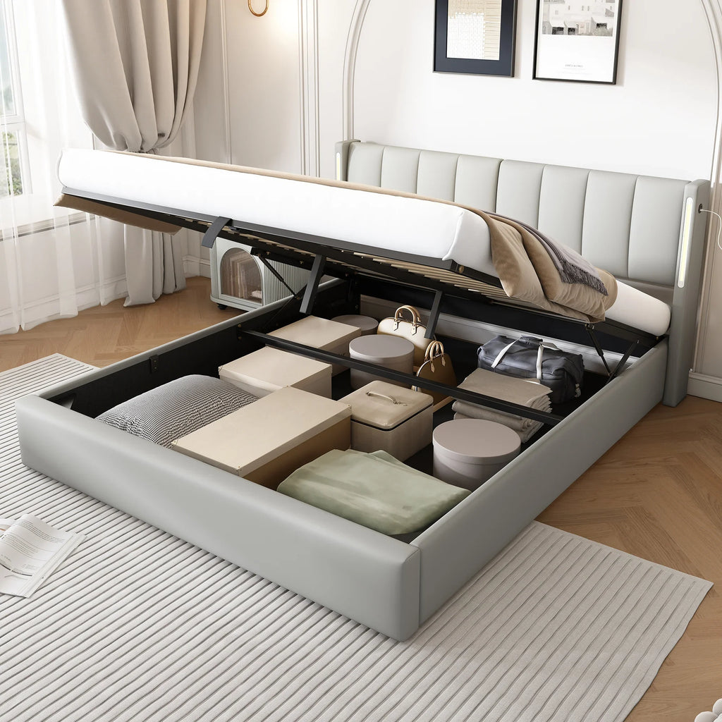 LED Gestoffeerd Bed, Kingsize 150x200 cm, Hydraulisch Bed met USB - oplaadpoort, LED - verlichting, Opbergruimte en Verstelbaar Hoofdeinde, PU, Grijs - Noventis Home