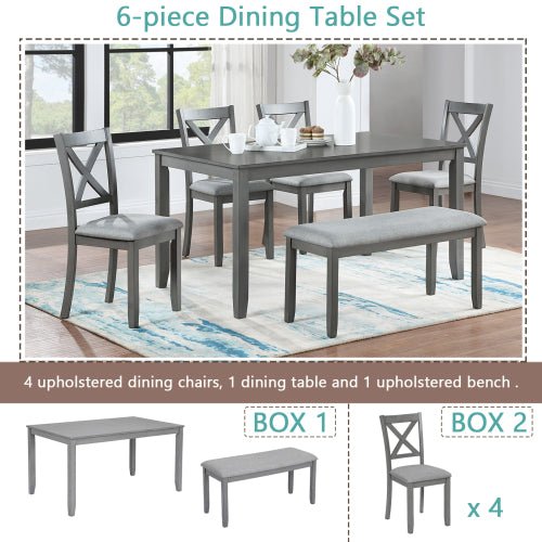 6 Piece Kitchen Dining Set, Rectangular Wooden Dining Table With 4 Upholstered Chairs And A Bench, Dining Table Set For 6 People, Living Room, Home Bar And Kitchen, Gray - Noventis Home