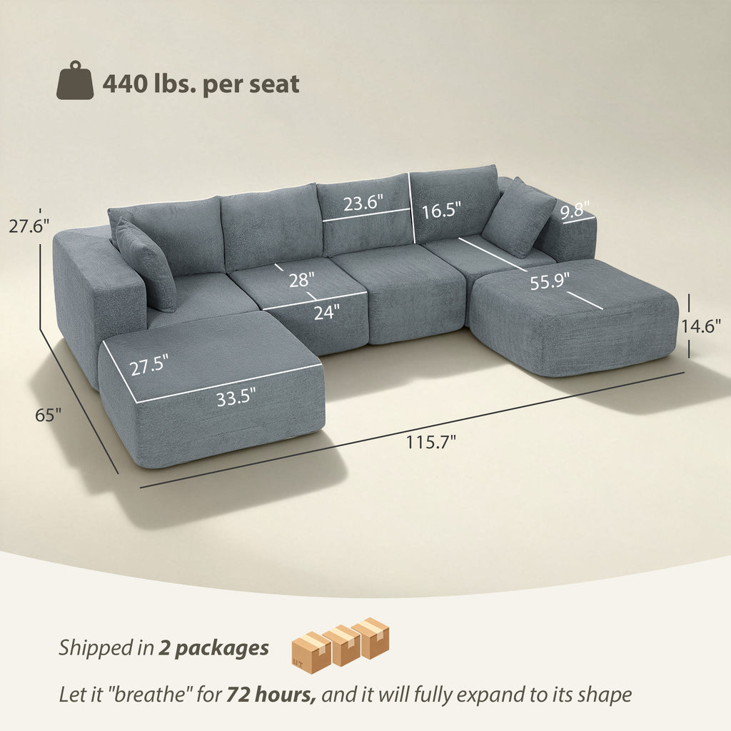 Modular Sectional Sofa, Boneless U - Shape Sectional Couch with 2 Ottomans, Dark Gray - Noventis Home