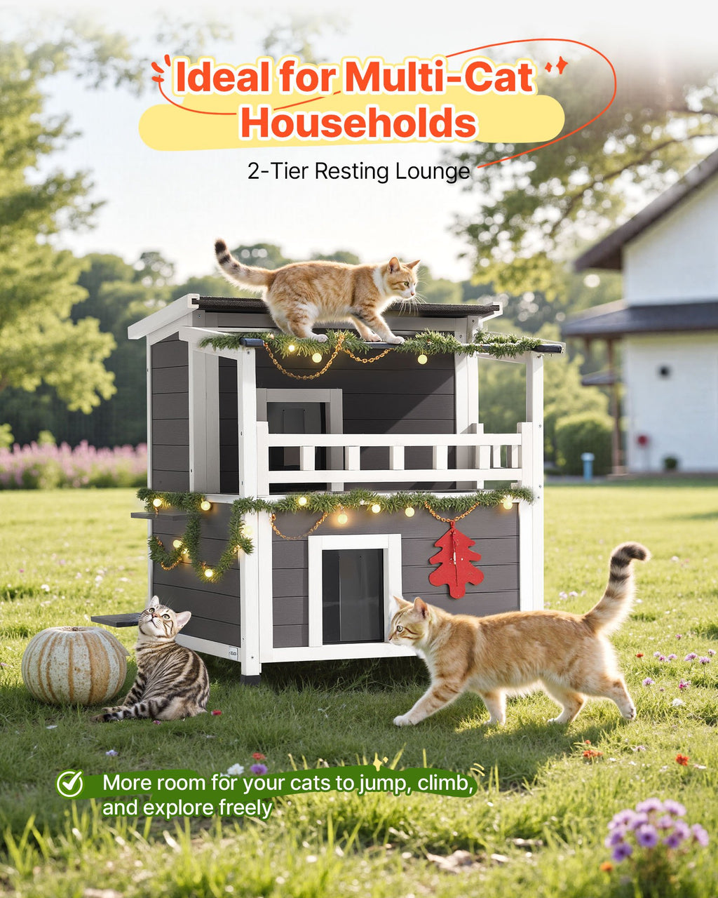 Insulated Cat House, 2 - Story Wooden Cat Shelter, Foam Insulation, Feral Kitty Shelter With Balcony, Waterproof Cats Condos For Indoor & Outdoor 1 - 3 Cats In Winter 33 X 29.5 X 32 In - Noventis Home