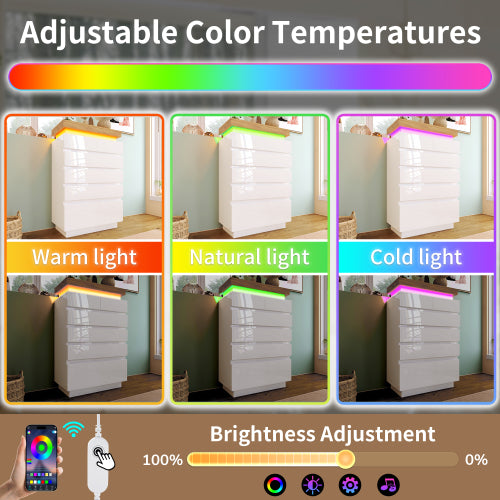 Ladekast, Hoogglans Dressoir met 6 Lades, RGB LED App-gestuurd, Multifunctioneel voor Woonkamer en Slaapkamer, 115x73x39 cm, Wit