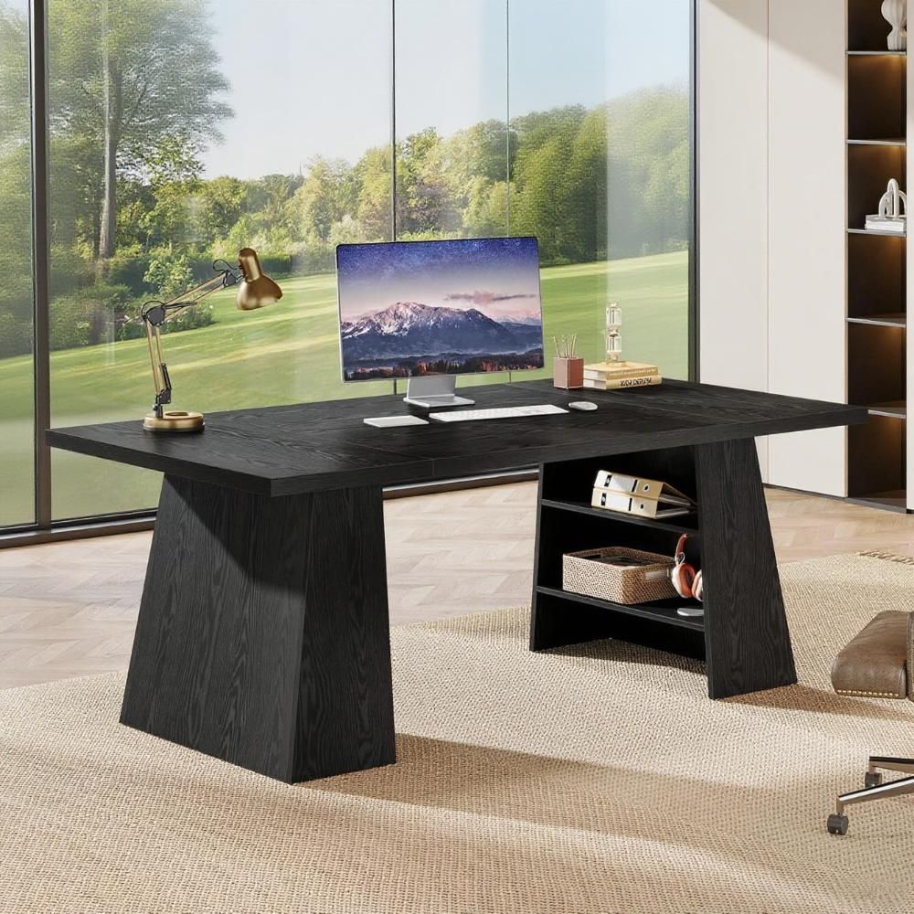 Directiebureau 160cm, Modern Groot Kantoorbureau met Dubbele Sokkel en Opbergplanken, Zwart