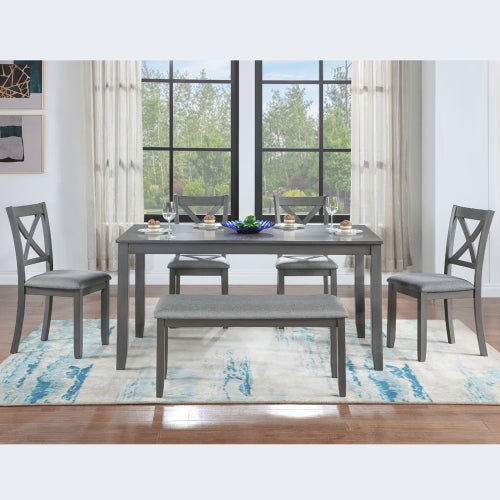 6 Piece Kitchen Dining Set, Rectangular Wooden Dining Table With 4 Upholstered Chairs And A Bench, Dining Table Set For 6 People, Living Room, Home Bar And Kitchen, Gray - Noventis Home