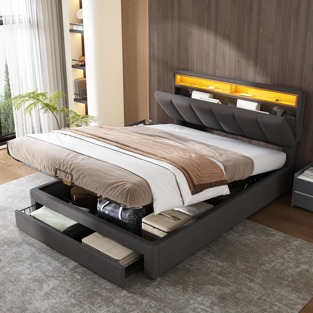 Gestoffeerd Bed met LED - verlichting, 135x190cm, Hydraulische Opbergruimte, Opvouwbaar Schuim Hoofdeinde, Stalen Frame, Linnen, Grijs - Noventis Home