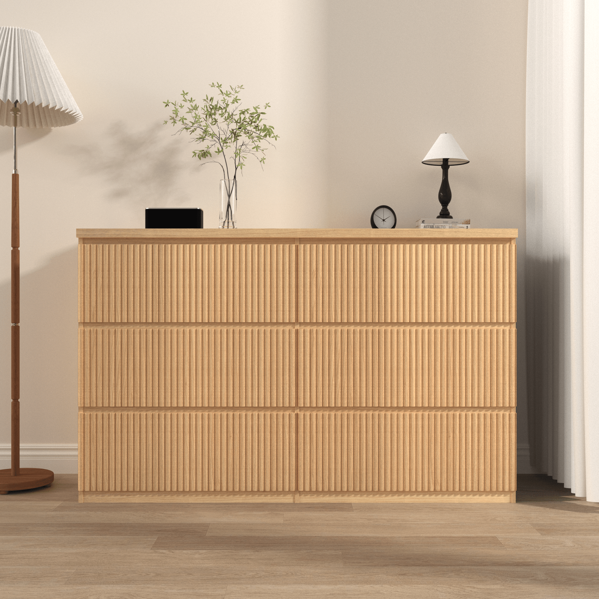 Modern Natural Wood 6 Drawer Dresser, Wave Panel Drawer Fronts, Storage Cabinet, Versatile Chest Of Drawers For Bedroom, Living Room - Sleek & Spacious Home Storage Solution - Noventis Home