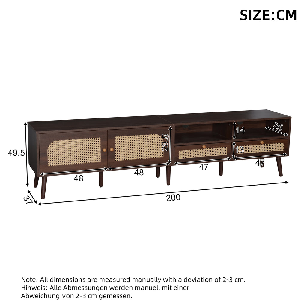 TV Stand Cabient With 2 Drawers, 2 Doors, Rattan Design, TV Cabinet Sideboard, TV Entertainment Center For Livingroom Bedroom, TV Console, 200x37x49.5cm, Dark Wood, For Up To 90 Inch TV - Noventis Home