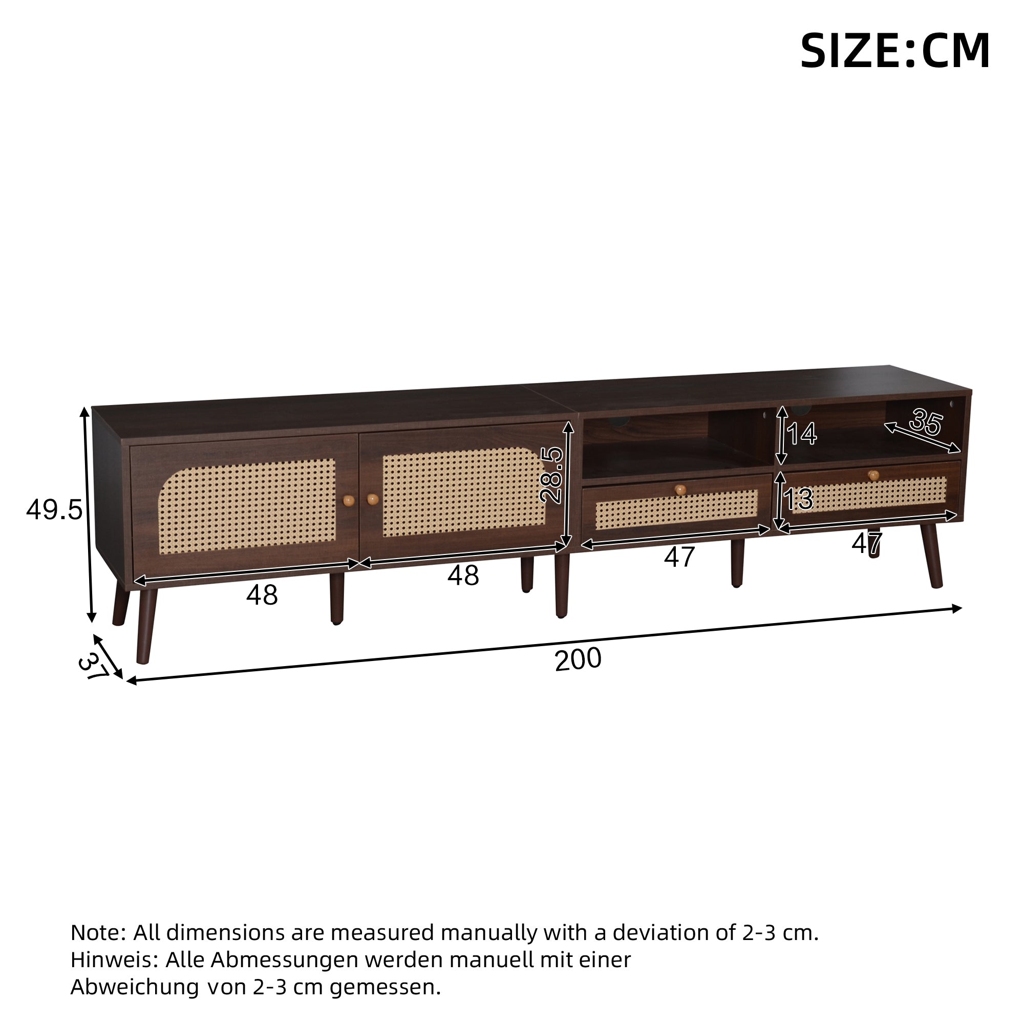 TV Stand Cabient With 2 Drawers, 2 Doors, Rattan Design, TV Cabinet Sideboard, TV Entertainment Center For Livingroom Bedroom, TV Console, 200x37x49.5cm, Dark Wood, For Up To 90 Inch TV - Noventis Home