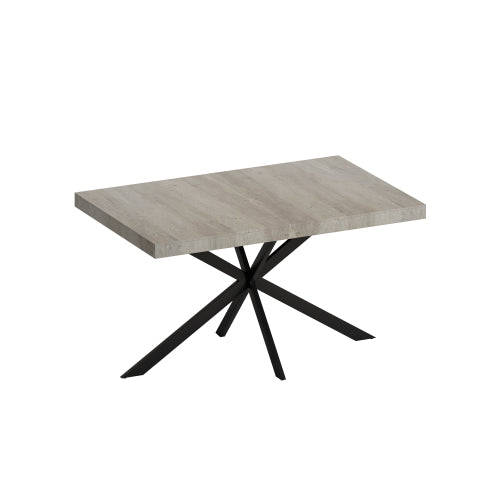 Retro Rechthoekige Uitschuifbare Eettafel, Grijs Tafelblad met Zwart Reliëf Middenpaneel, IJzeren Kruisvoet, Met Opbergvak, 140-180 cm