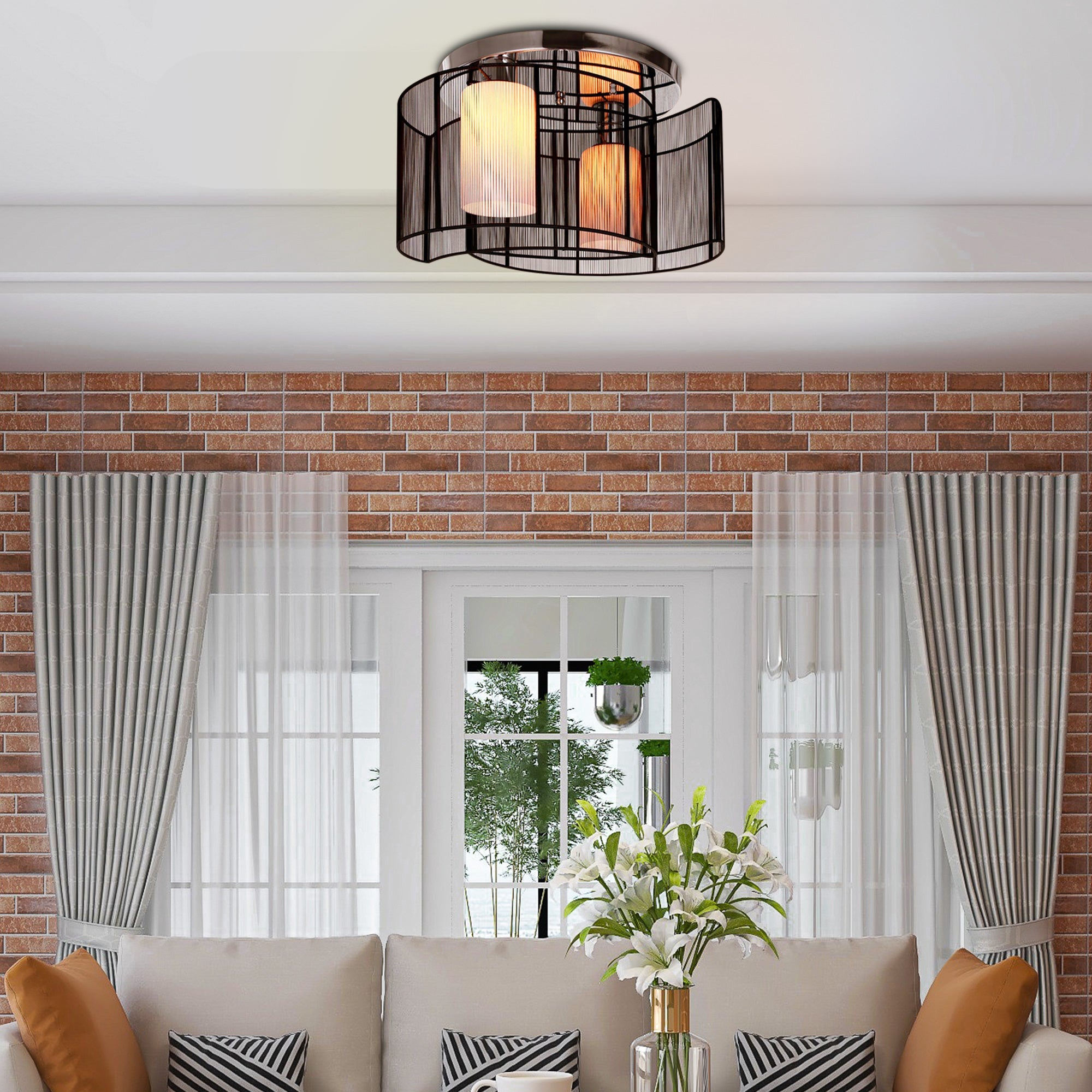 Modern Chandelier, Semi - Flush Mount Ceiling Light With 2 Light, E27 Bulb Base For Hallway, Dining Room, Living Room, White And Black - Noventis Home