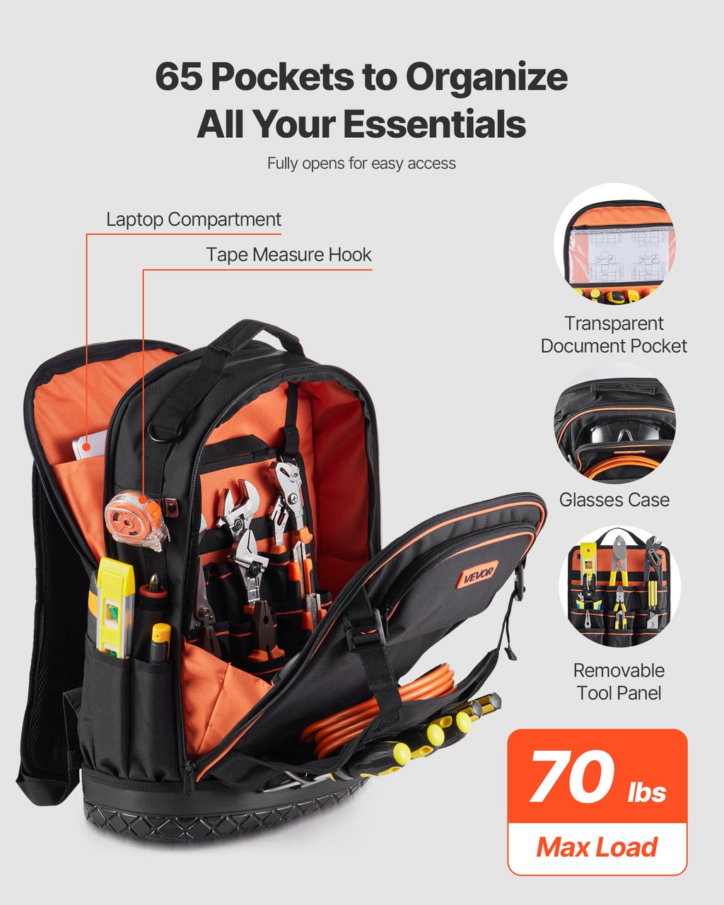Tool Backpack With Tools, 65 Pockets, Heavy - duty Tools Storage Organizer Bags With Laptop Compartment & Molded Base, Electrician Jobsite Backpack For Electrician, Repairman, And HVAC Techs - Noventis Home