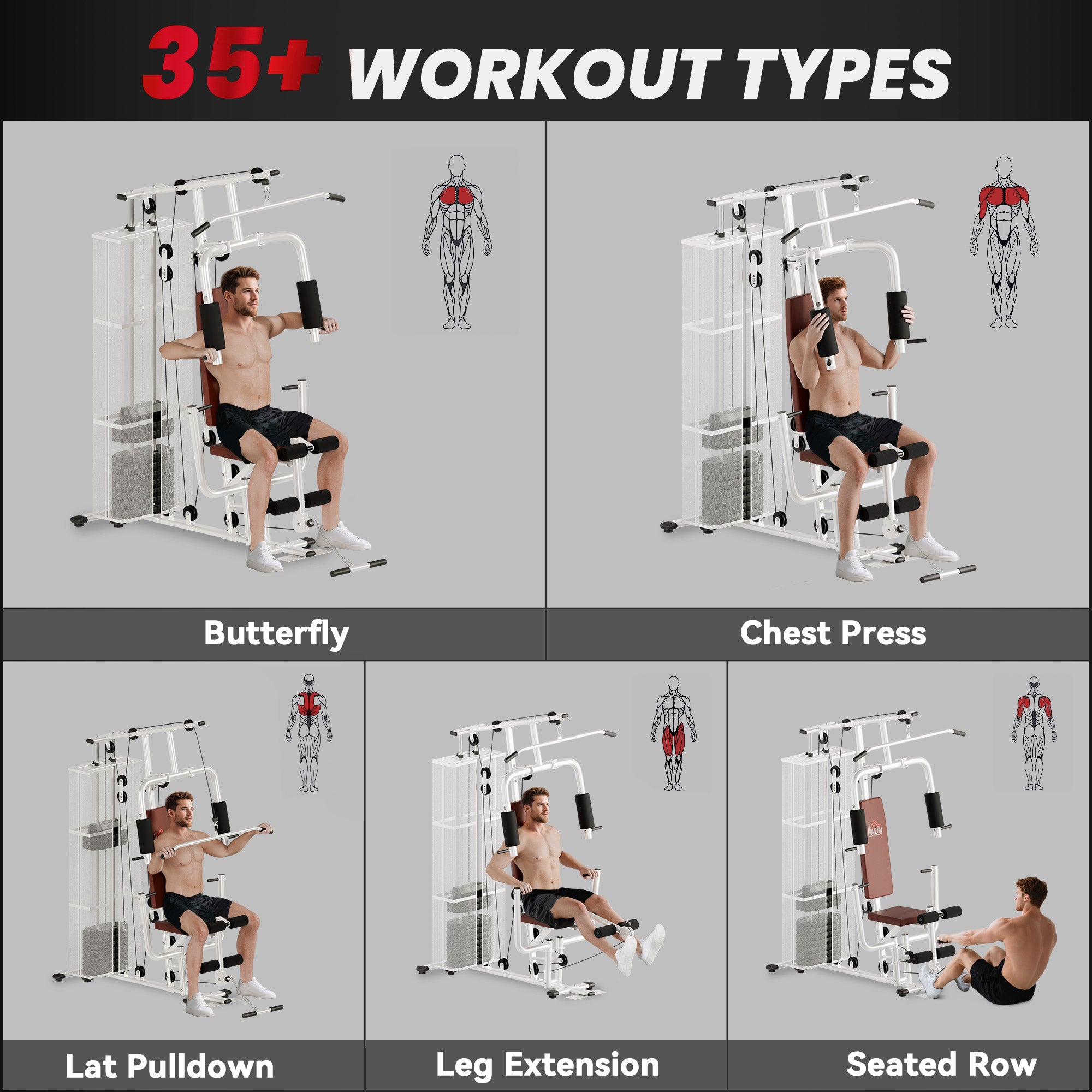 Multifunction Home Gym Weight Training Workout Station Fitness Strength Machine, White - Noventis Home