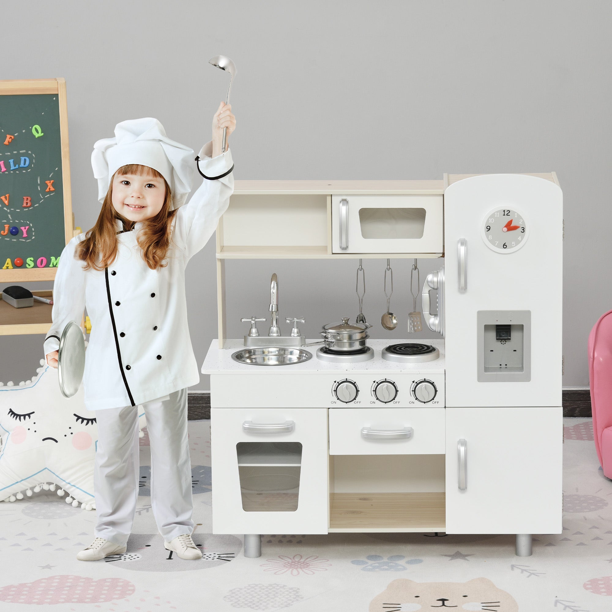 Kids Wooden Pretend Play Toy Kitchen Cooking Set Role Play Phone For Boys Girls White - Noventis Home
