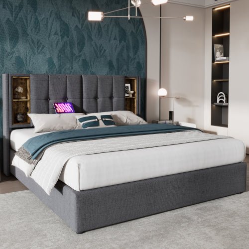 Upholstered Double Bed 150 X 200cm With Wireless Charging USB Tyep - C, Hydraulic Storage Bed With Hydraulic Lever, Linen Fabric 5FT King Size Bed Frame With Large Storage Space,Grey No Mattress - Noventis Home