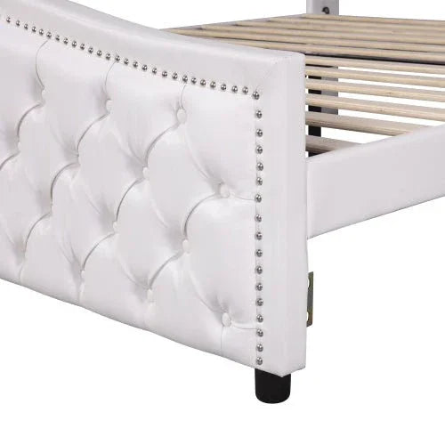 Gestoffeerd Bed 135 x 190 cm - Bed met Lattenbodem, 2 Lades en Hoofdeinde met Siernagels - Hout & Kunstleer - Wit - Jeugdbed / Logeerbed - Noventis Home