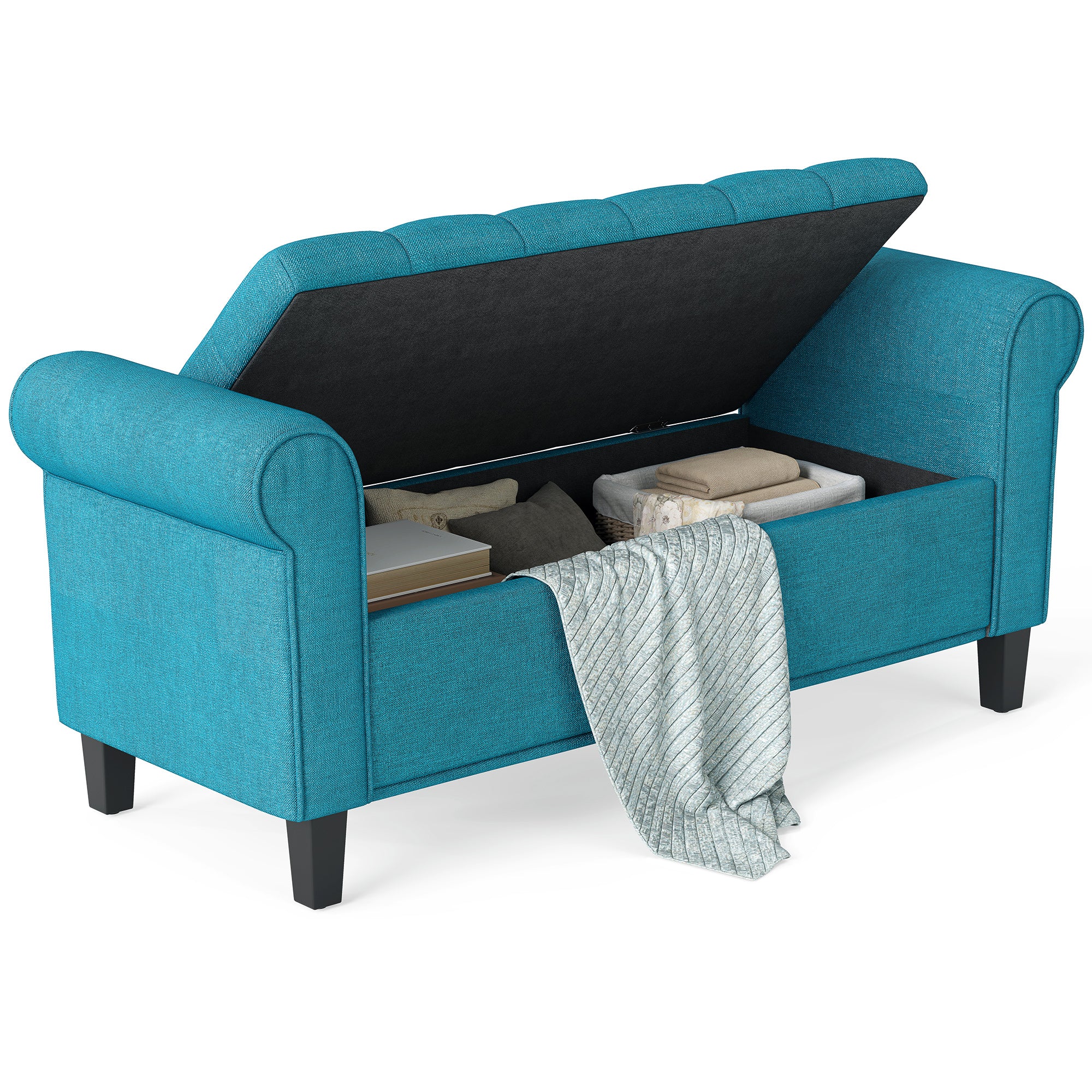50 Inches Storage Ottoman, End of Bed Bench with Rolled Arms, Wood Legs, Button Tufted Storage Bench, Teal - Noventis Home