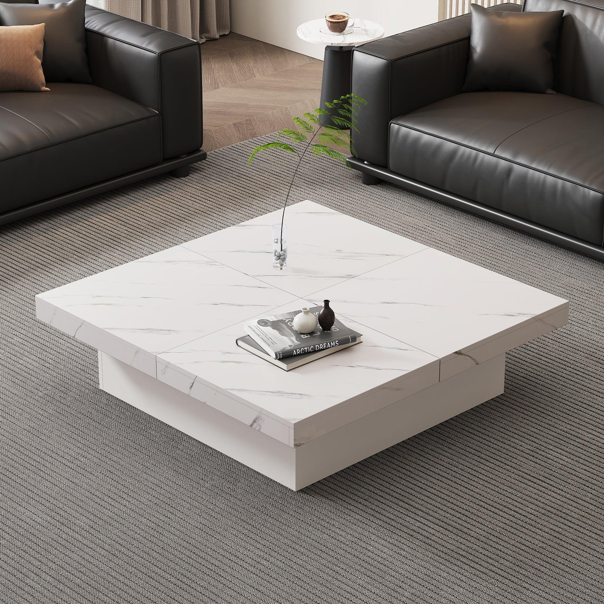 Modern Square Coffee Table With Marble Look, Centre Tea Table With 4 Sliding Drawers, Coffee End Table, 90 X 90 X 25 Cm, For Livingroom Office, White - Noventis Home
