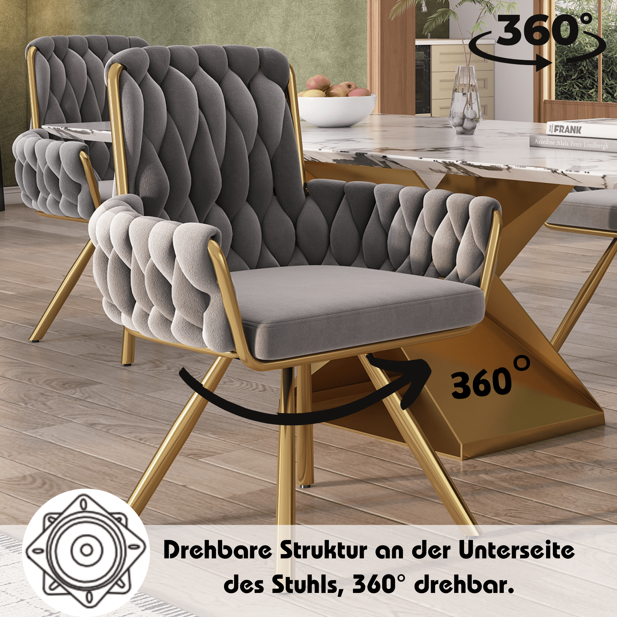 Set Of 4, Velvet Dining Chair, Armchair, Single Luxurious Living Room And Bedroom Swivel Chair, Leisure Swivel Chair With Four Metal Support Legs, Gray - Noventis Home