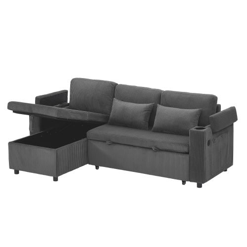 3 In 1 Convertible Corduroy Sofa Bed With Storage Chaise, L Shaped Sleeper Sofa Couches With Armrest Storage And Charging Station. Pullout Sectional Daybed For Living RoomBedroomOffice, Grey - Noventis Home