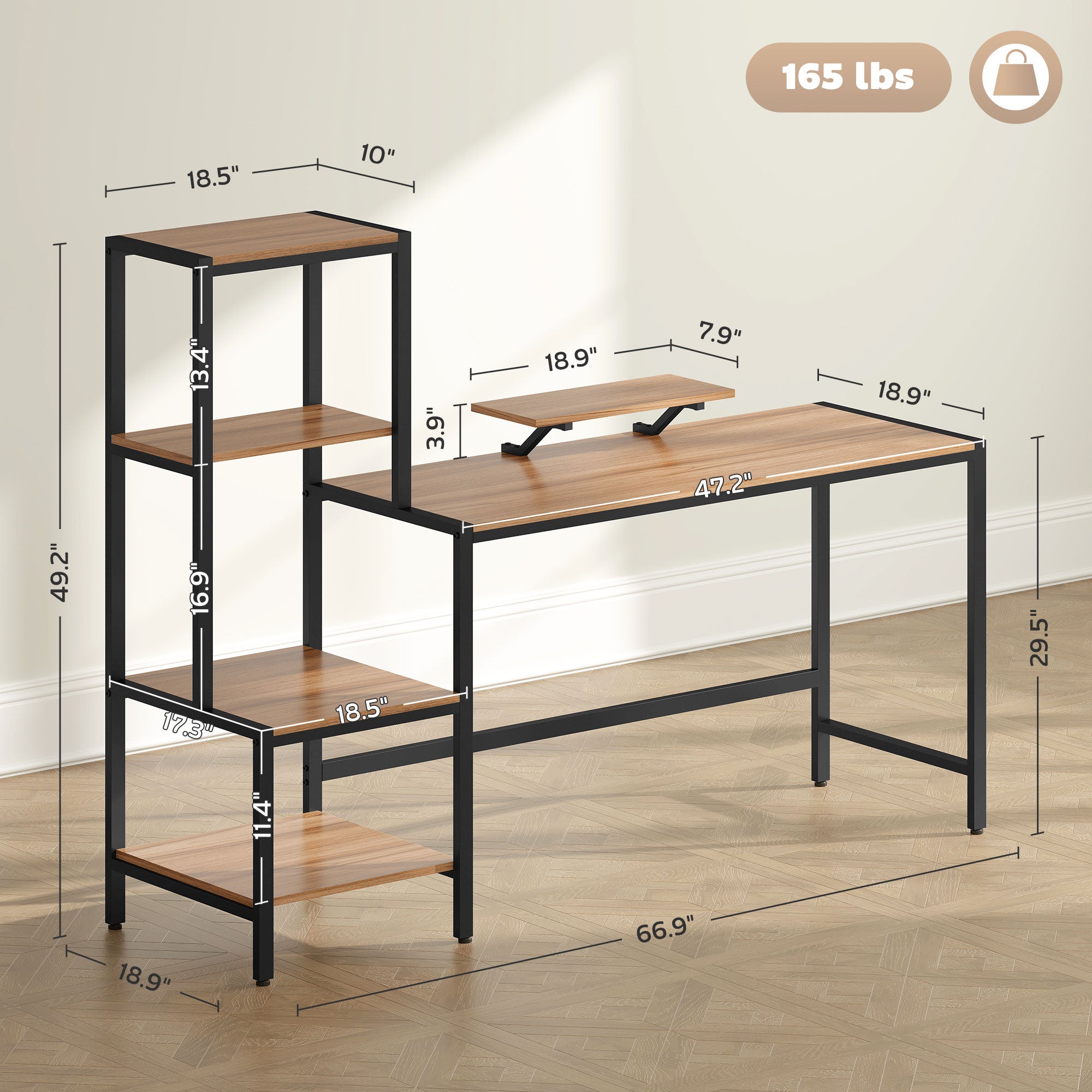 Computerbureau 170cm met Monitorstandaard en Omkeerbare 4-laags Plank, Industrieel Design, Bruin