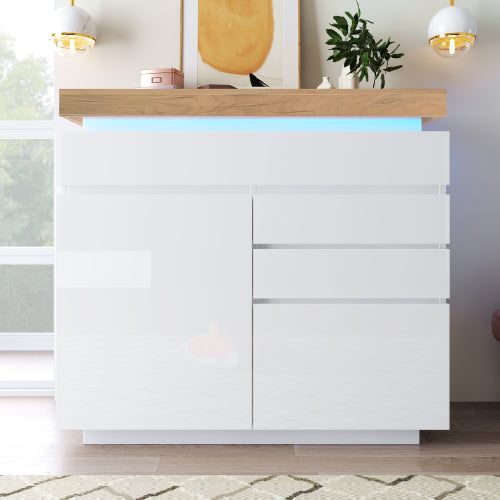 Ladekast, Hoogglans Dressoir met 2 Deuren en 3 Lades, RGB LED App-gestuurd, Multifunctioneel voor Woonkamer en Slaapkamer, 115x110x39 cm, Wit