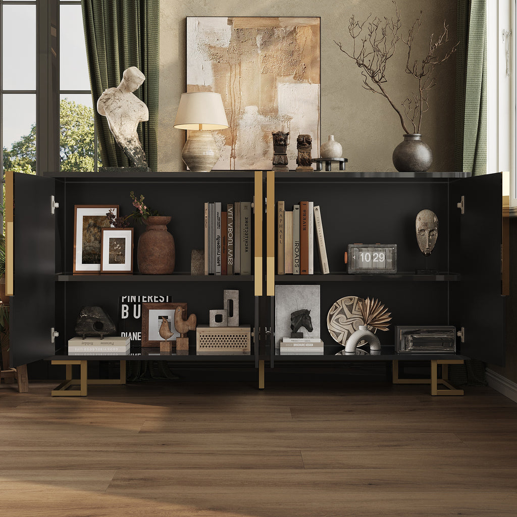 Zwart Dressoir 152x40x75cm met Uniek Geometrisch Design en Gouden Handgrepen en Poten