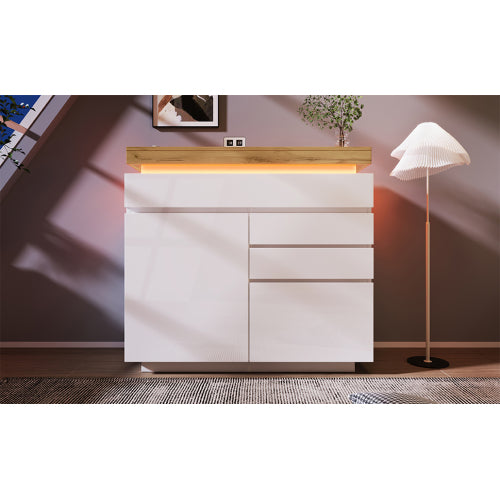 Ladekast, Hoogglans Dressoir met 2 Deuren en 3 Lades, RGB LED App-gestuurd, Multifunctioneel voor Woonkamer en Slaapkamer, 115x110x39 cm, Wit