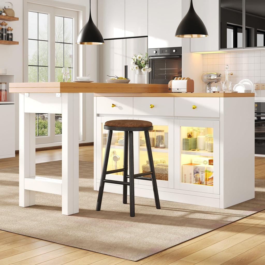 Extendable Kitchen Island With LED Lights, 120 - 200cm Adjustable Dining Table With Storage, 3 Drawers & Glass Cabinets, White Black - Noventis Home