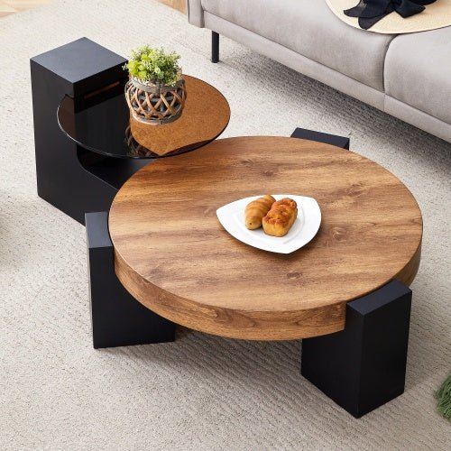 Modern Simple Double - Layer Round Coffee Table - Transparent Gray Glass Top With Black MDF L - Shaped Legs.The Detachable Design Can Make The Use Of Space More Flexible - Noventis Home