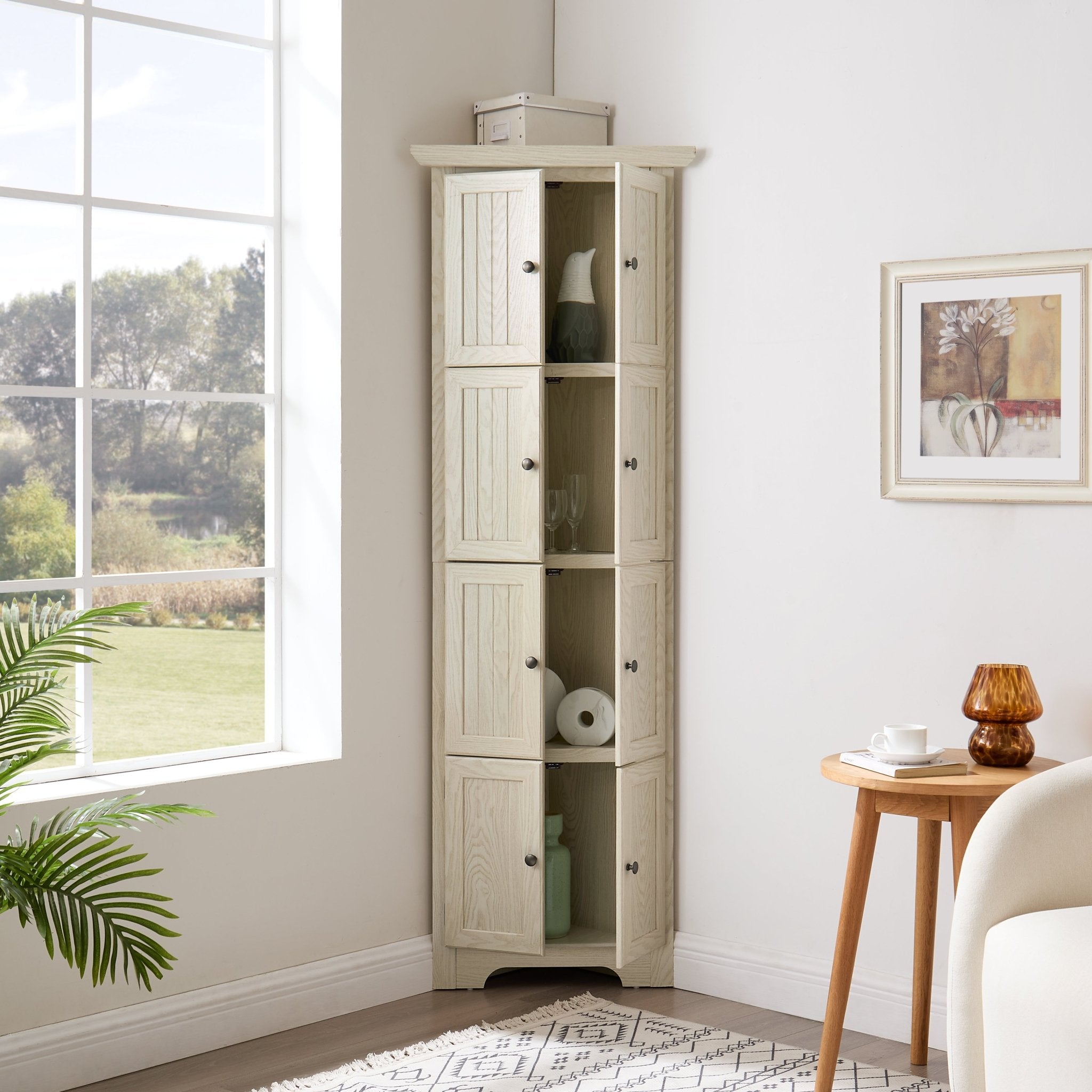 4 - Tier 72 Corner Kitchen Pantry Storage Cabinet With 8 Doors Tall Storage Cabinet, Corner Cabinet And Shelves, Home Farmhouse Bookshelf Cabinet For Bathroom, Living Room, Kitchen WHI - Noventis Home