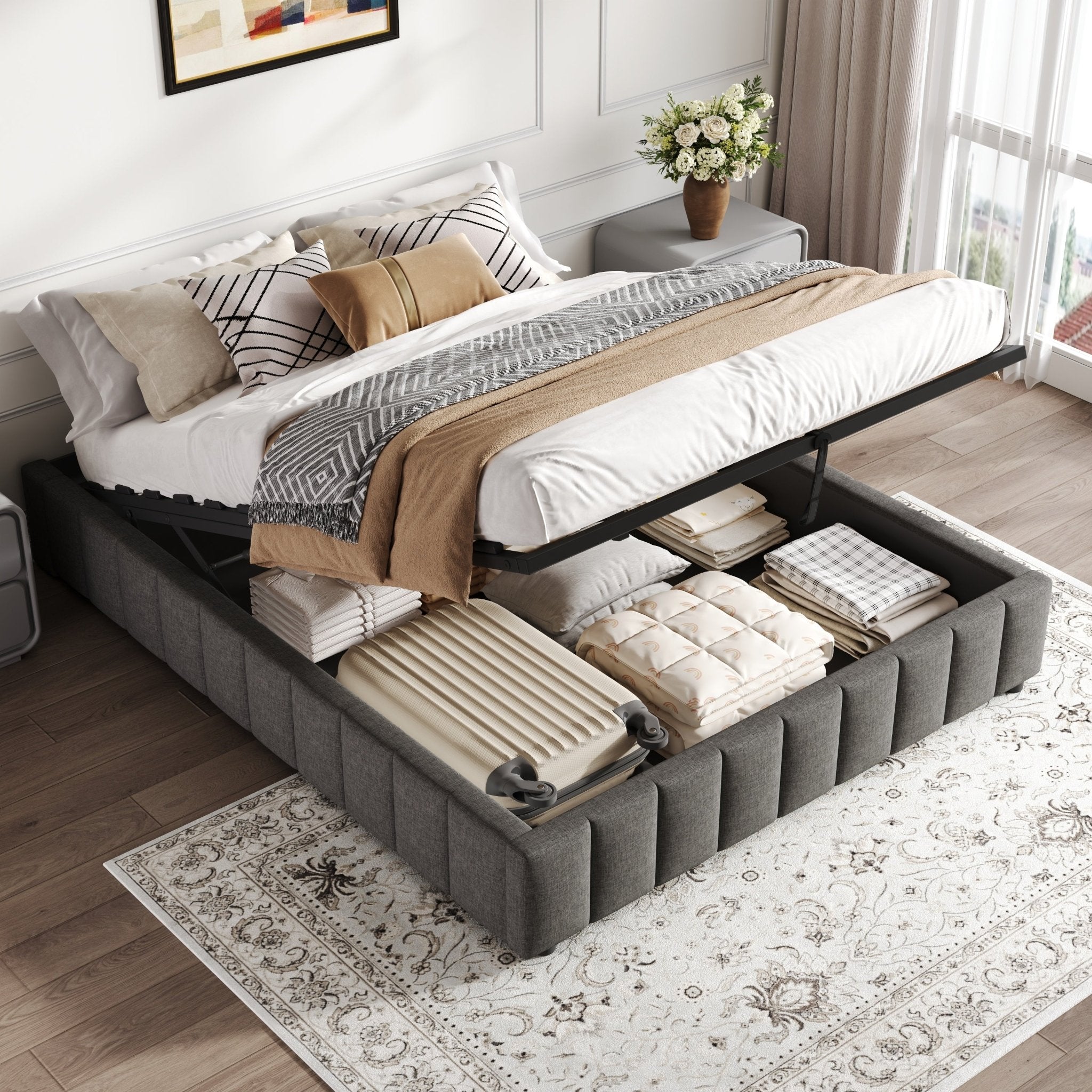 4ft6 Double Upholstered Storage Bed Frame, No Headboard Linen Bed Frame With Hydraulic Storage, Channel Tufted Ottoman Bed, Metal - Wood Support, No Box Spring Needed, Easy Assembly,Grey No Mattress - Noventis Home