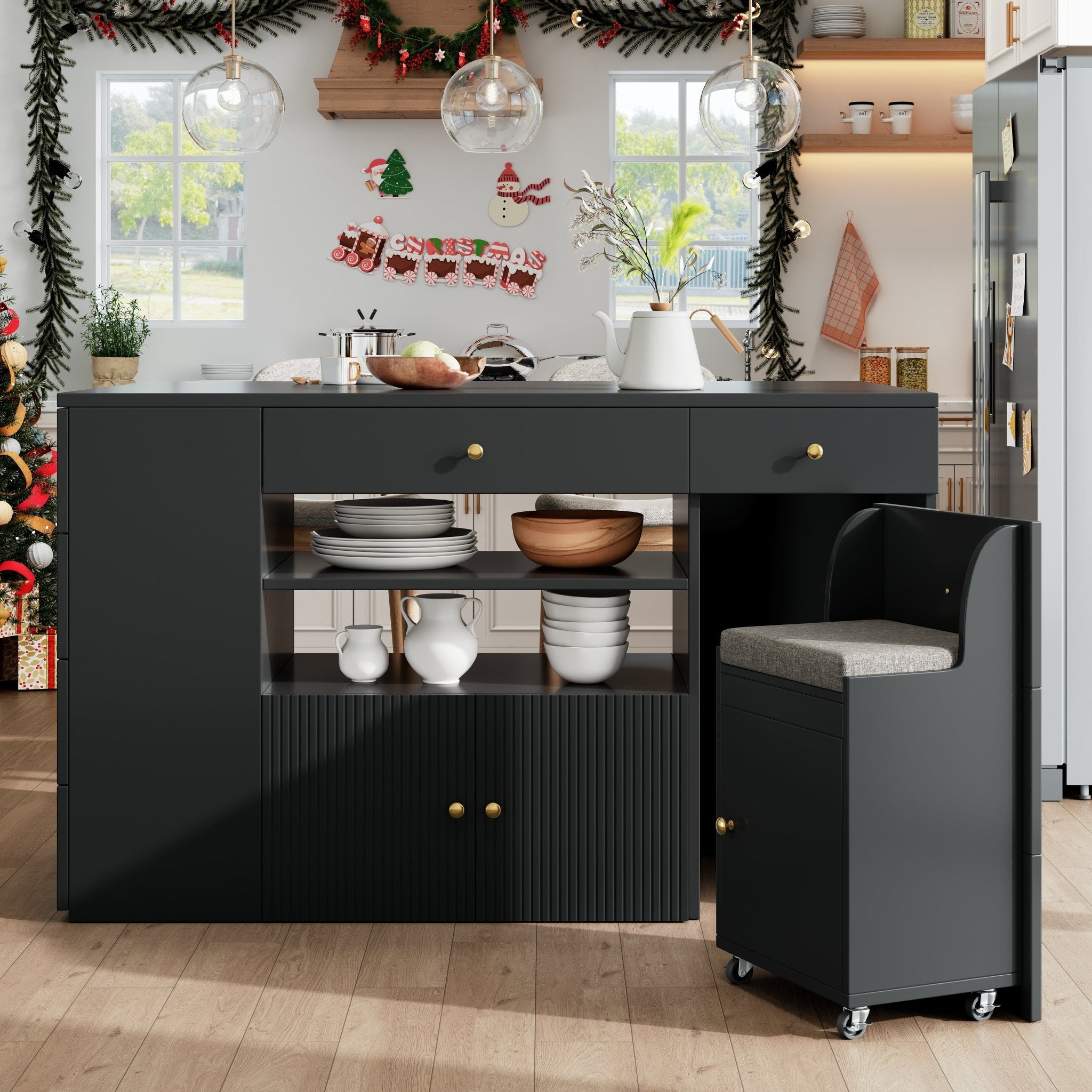 Adjustable Kitchen Island With Bar Stools - Sideboard & Cabinet With 6 Drawers, Width 140 - 70cm, White Black - Noventis Home