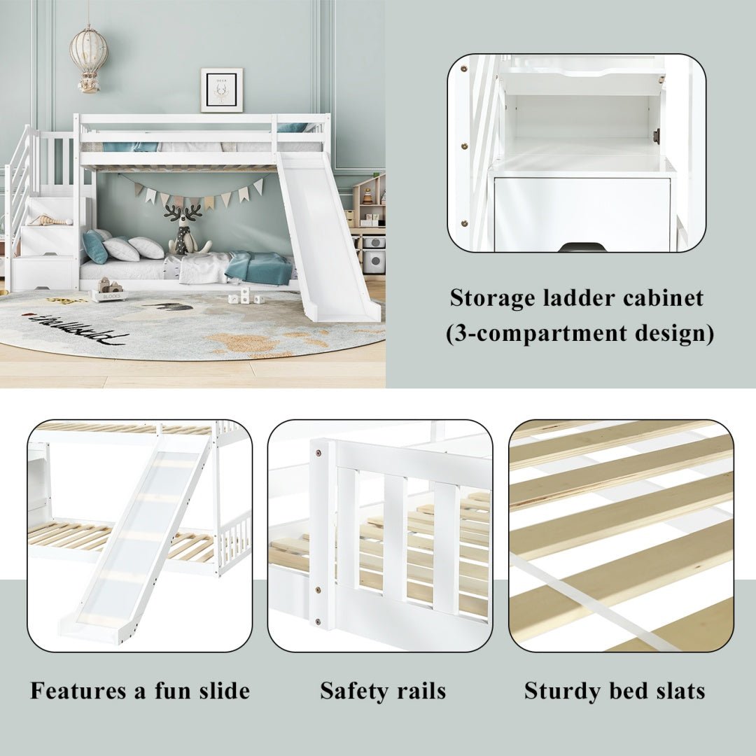 Bunk Bed With Stairs And Slide, Solid Pine Wood Frame, Children Bed, Storage Stairs, 90x190cm, White - Noventis Home