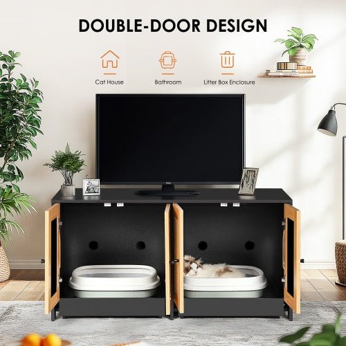 Double Litter Box Enclosure,Cat Litter Box Enclosure For 2 Cats, Hidden Litter Box Furniture With Rattan Doors, 47 L X 19.8 W X 21.8 H,Black - Noventis Home