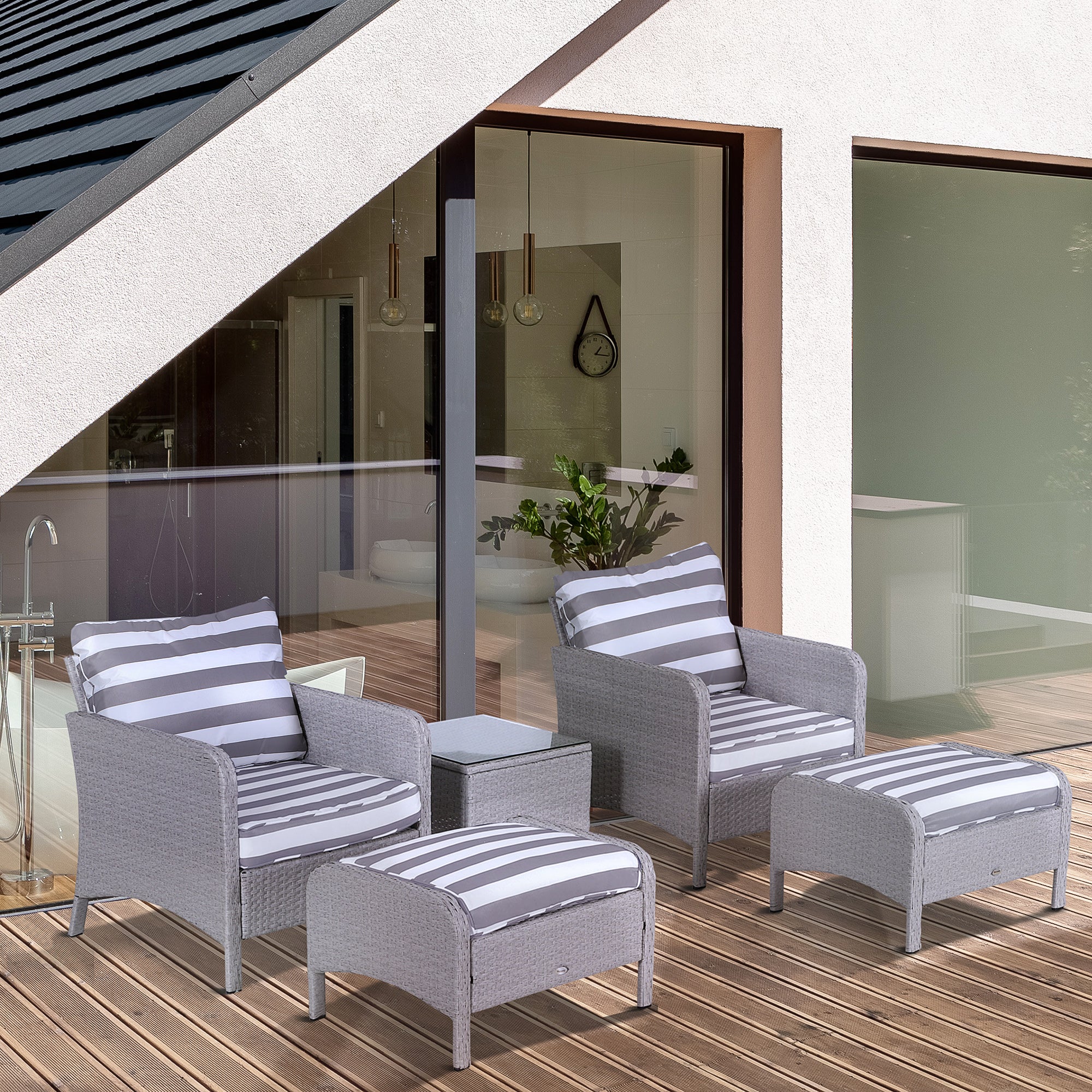 5 - delige PE Rattan Tuinmeubelset met 10cm Dikke Kussens, 2 Fauteuils, 2 Voetenbanken en Glazen Tafel, Grijs/Wit - Noventis Home