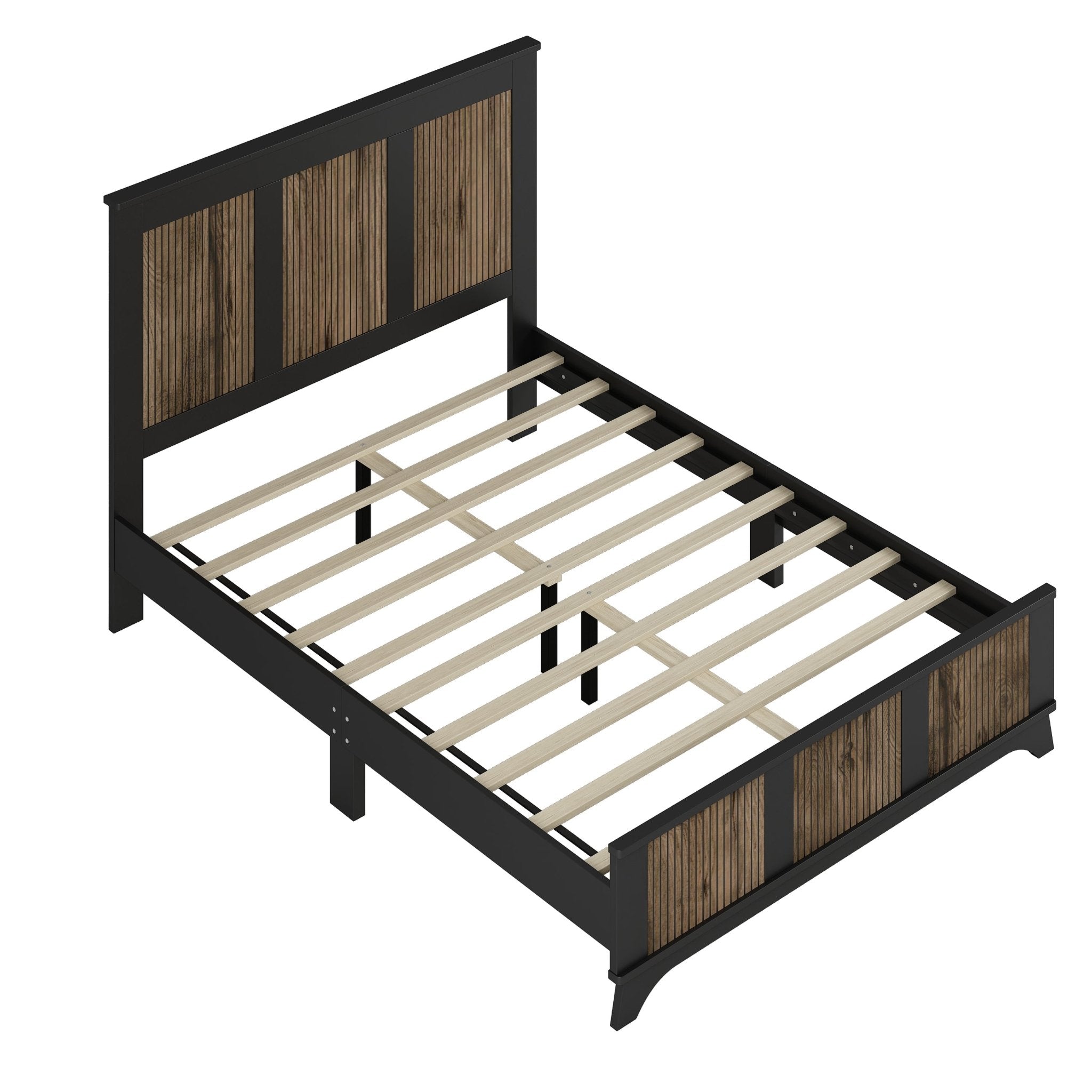 4 - delige Slaapkamerset, Queensize Platform Bed met Houten Decoratie, 2 Nachtkastjes en Ladekast met Metalen Handgrepen, Zwart - Noventis Home
