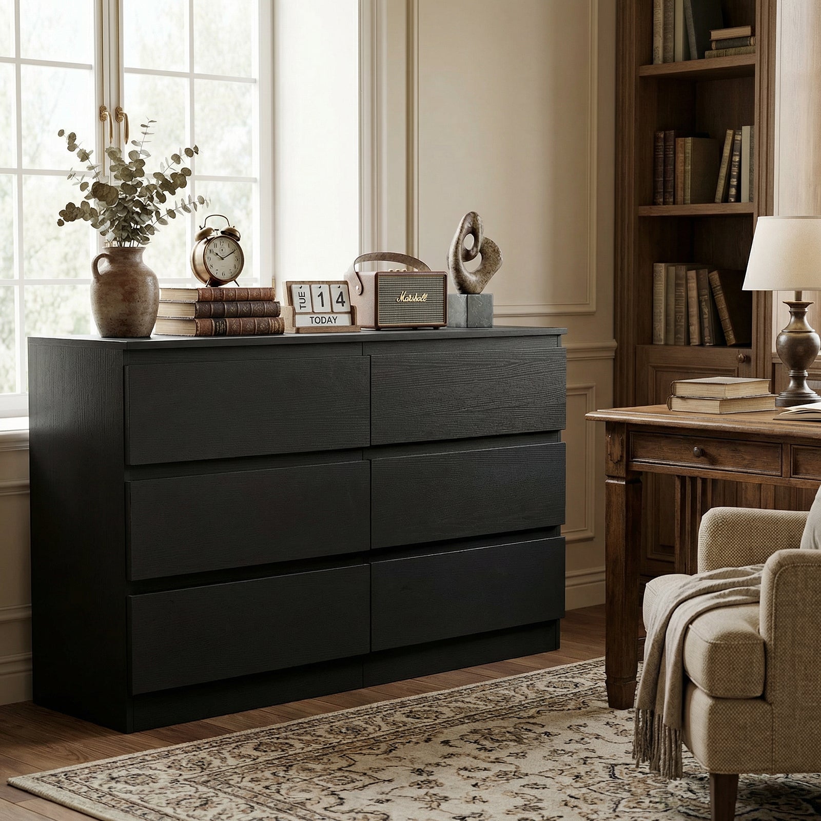 6 Drawer Black Dresser, Modern Bedroom Dresser With Spacious Countertop, Wood Storage Cabinet With Concealed Handles & 6 Deep Drawers For Bedroom, Living Room, Entryway, 15.7 D X 47.2W X 30.9 H - Noventis Home