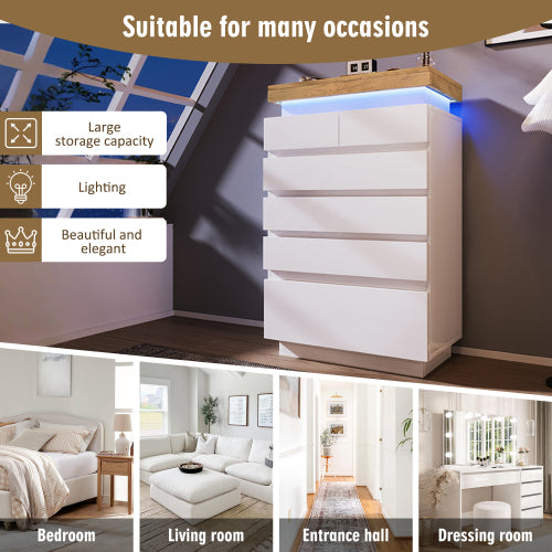 Ladekast, Hoogglans Dressoir met 6 Lades, RGB LED App-gestuurd, Multifunctioneel voor Woonkamer en Slaapkamer, 115x73x39 cm, Wit