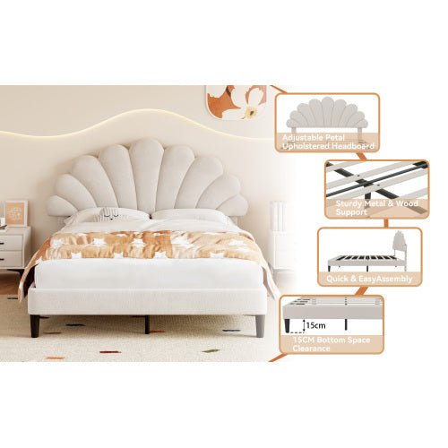 4ft6 Double Upholstered Velvet Bed Frame, With Adjustable Chic Petal Headboard, Velvet Platform Bed Frame With Solid Wood Slat, No Box Spring Needed, Easy Assembly, Beige - Noventis Home