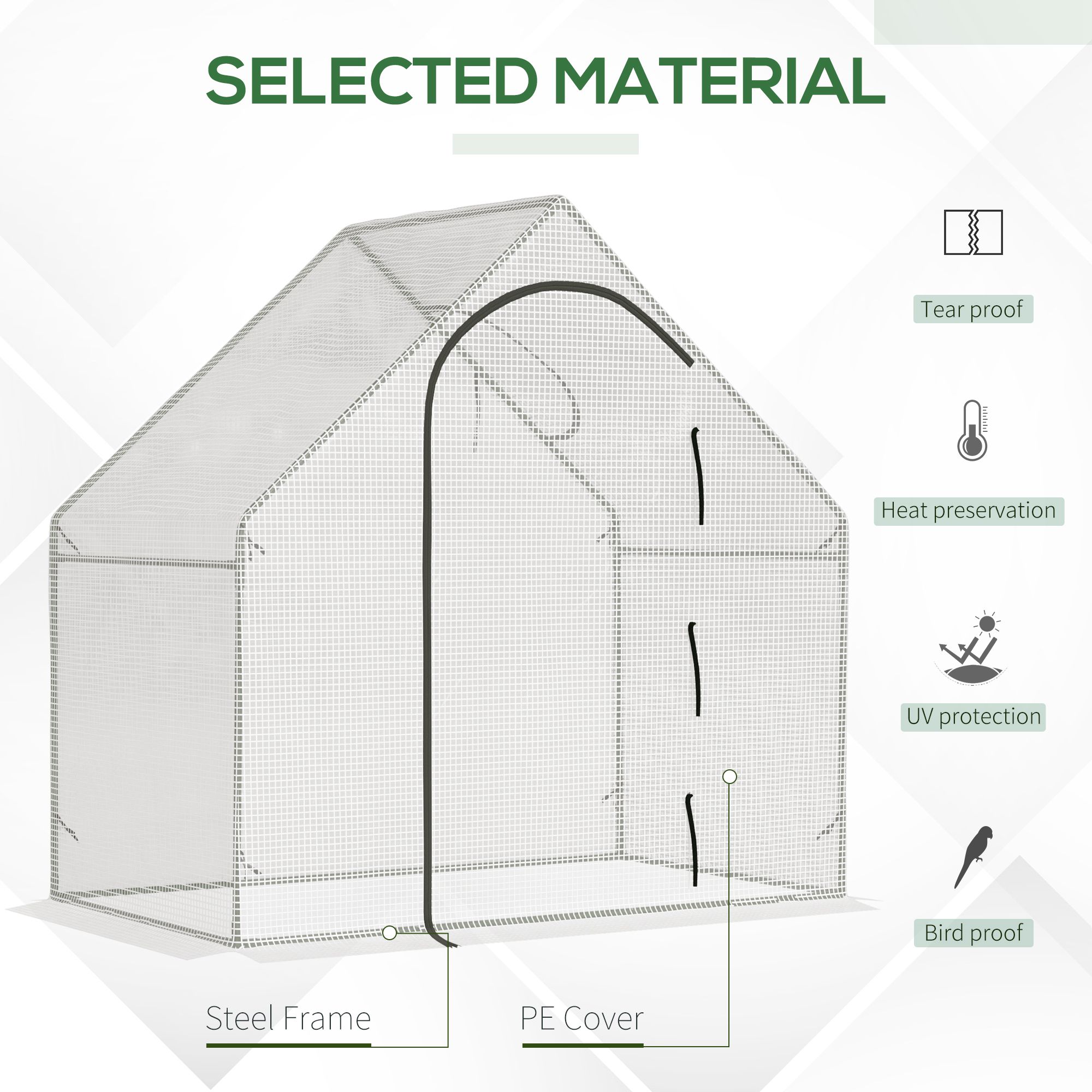 Walk In Tomato Greenhouse Garden Outdoor Mini Greenhouse Flower Planter Steel Frame With Zipped Door & Window, PE Cover, 180 X 100 X 168CM, White - Noventis Home