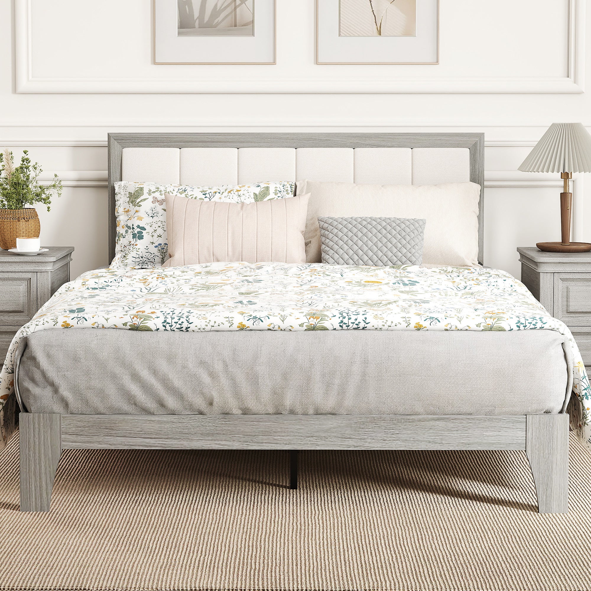 Tweepersoons Platform Bedframe met Gestoffeerd Hoofdeinde en Houten Latten, Geen Boxspring Nodig, Grijs - Noventis Home