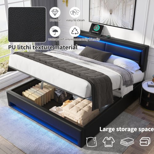 Gestoffeerd Bed 135 x 190 cm, Tweepersoons, met USB - oplaadpoort (Draadloos en Bedraad), LED - verlichting en Opbergruimte, Zonder Matras, PU Lychee Design, Zwart - Noventis Home