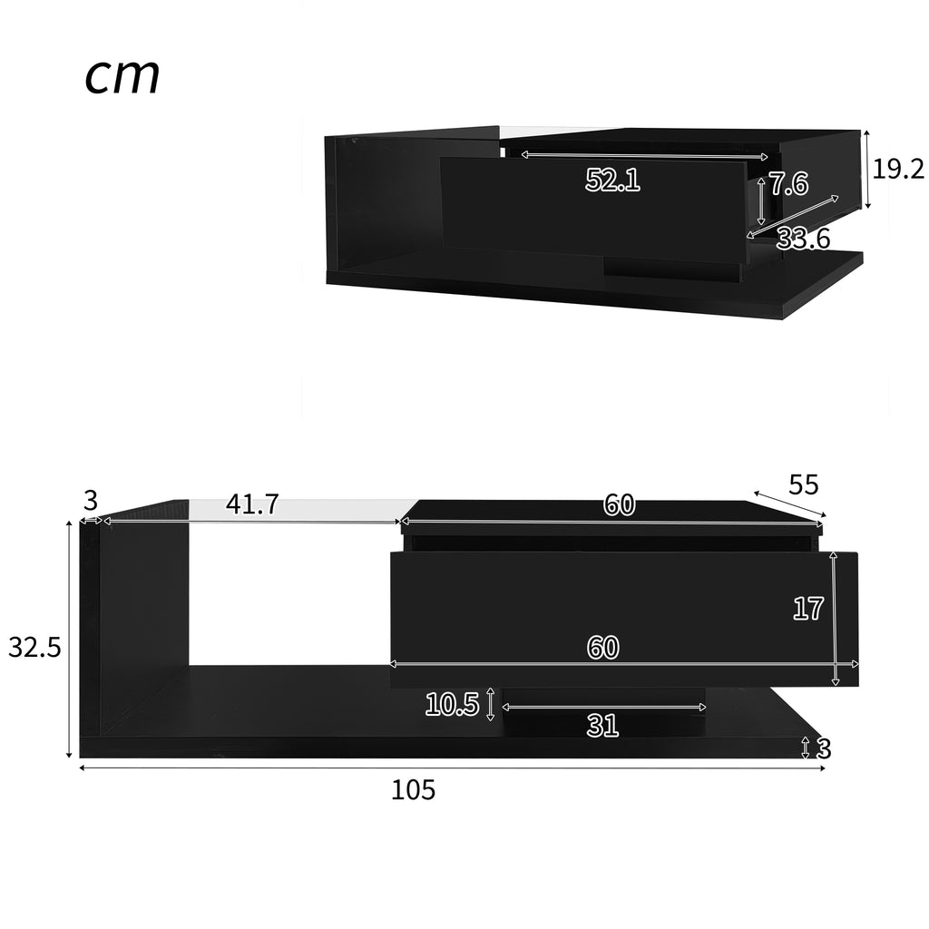 Salontafel Hoogglans Zwart met Glas en LED-verlichting, 105x55x32,5 cm