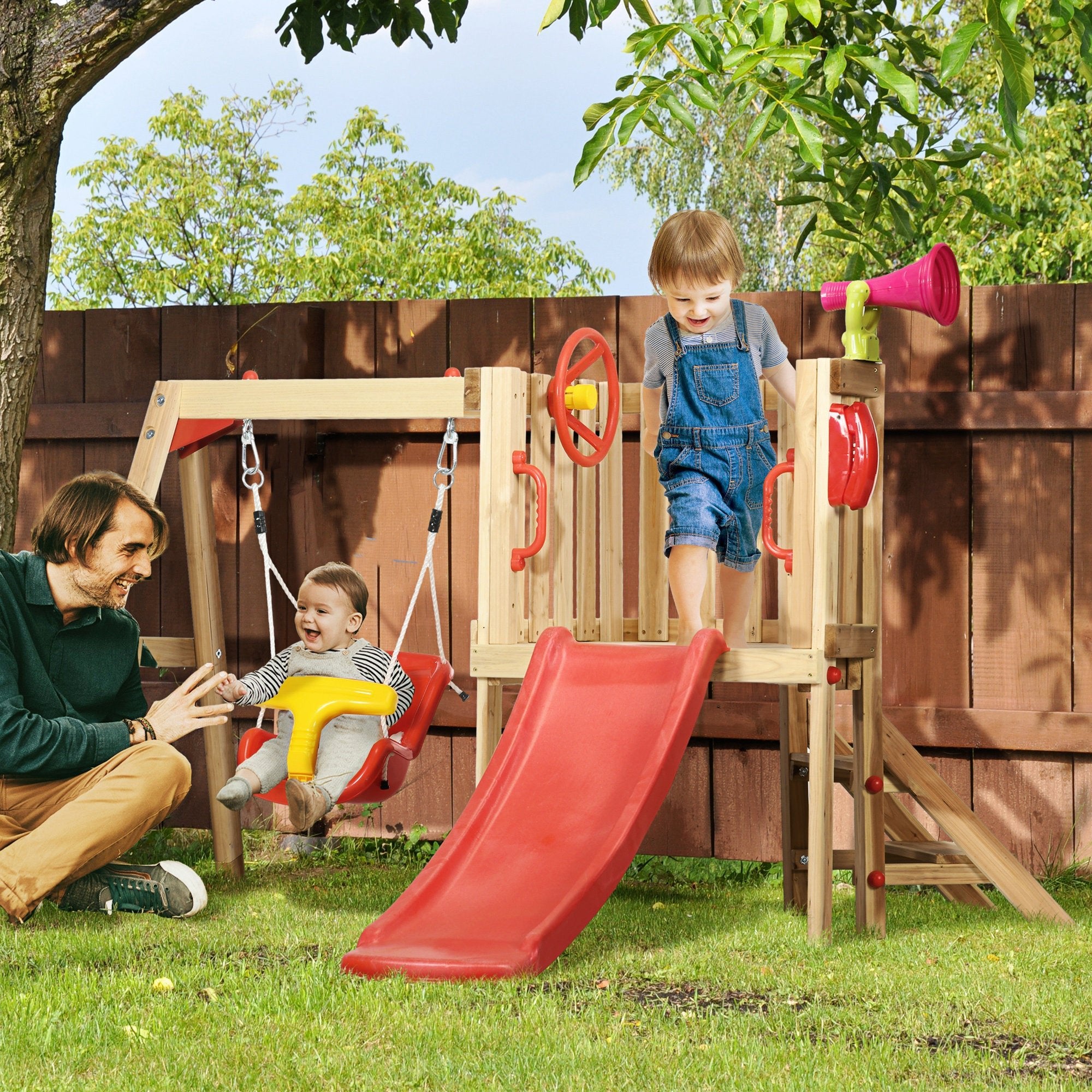 4 - in - 1 Wooden Swing Set with Swing, Slide, Horn, Steering Wheel, Red - Noventis Home