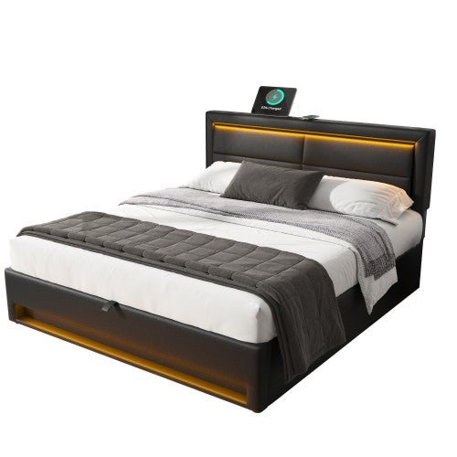 Gestoffeerd Bed 135 x 190 cm, Tweepersoons, met USB - oplaadpoort (Draadloos en Bedraad), LED - verlichting en Opbergruimte, Zonder Matras, PU Lychee Design, Zwart - Noventis Home