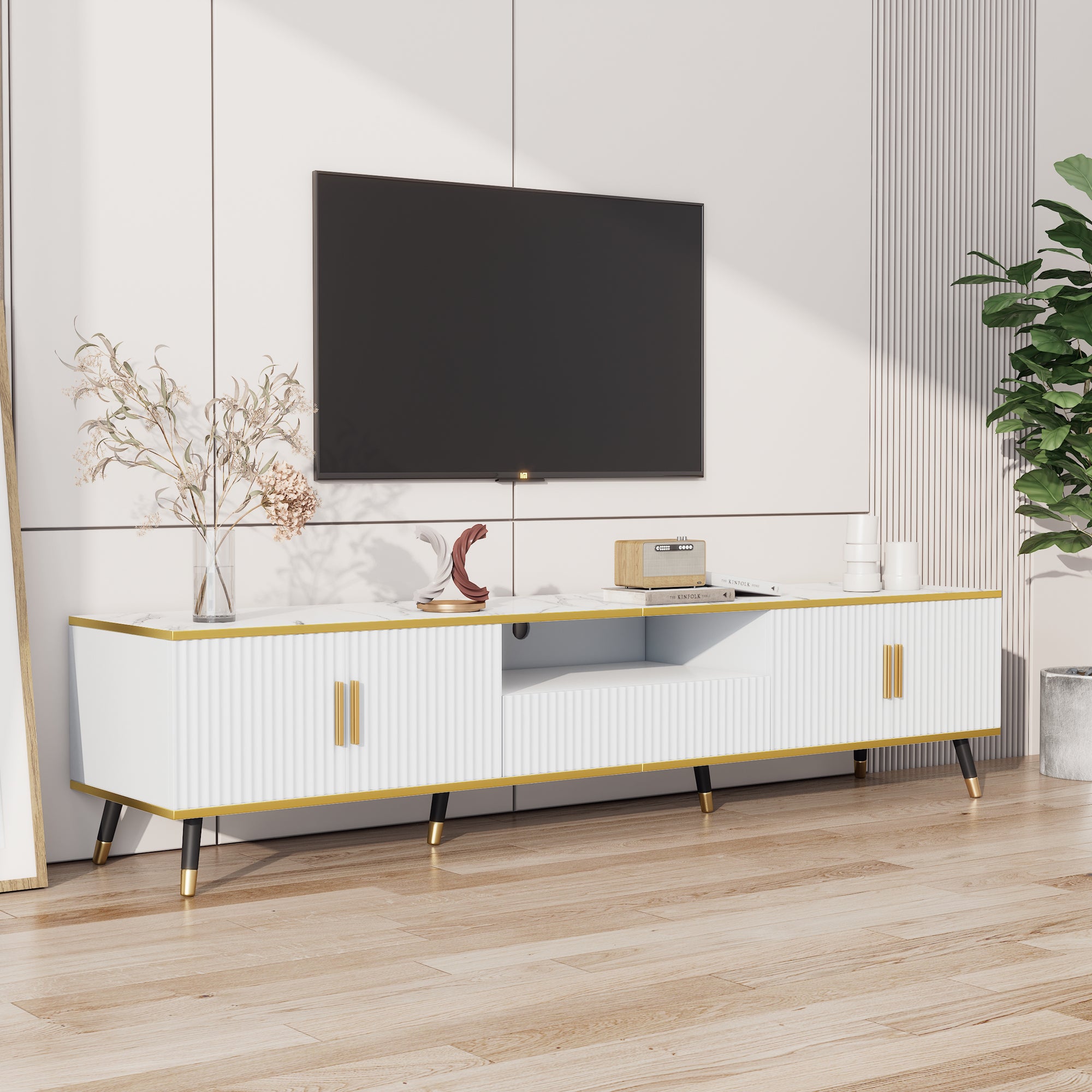 Modern TV Stand, 4doors & 1drawers, TV Cabinet Storage Sideboard With Marble Texture, TV Entertainment Center For Livingroom Bedroom, 200x40x46cm, White, Maximum For 90 Inch TV - Noventis Home