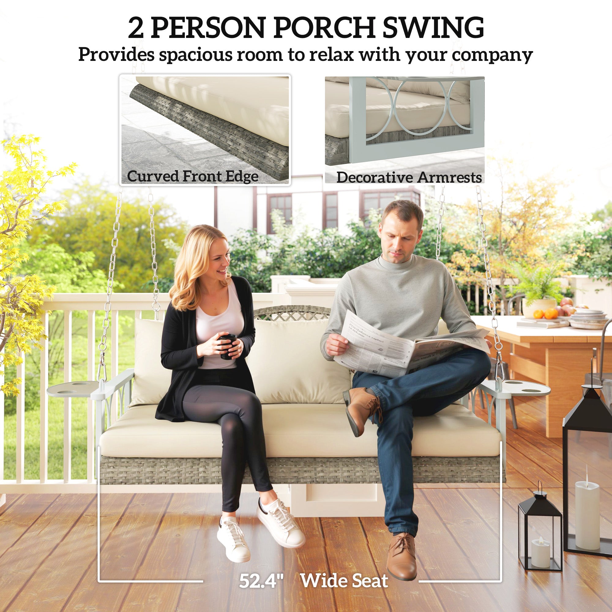 3 Person Wicker Hanging Outdoor Patio Porch Swing Bench With Cup Holders, Cushions, And Chains, Natural - Noventis Home