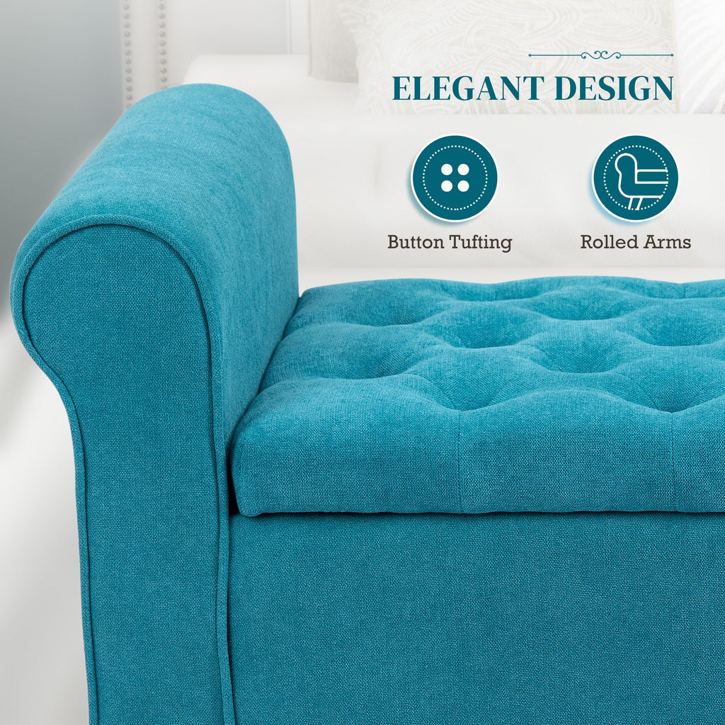 50 Inches Storage Ottoman, End of Bed Bench with Rolled Arms, Wood Legs, Button Tufted Storage Bench, Teal - Noventis Home