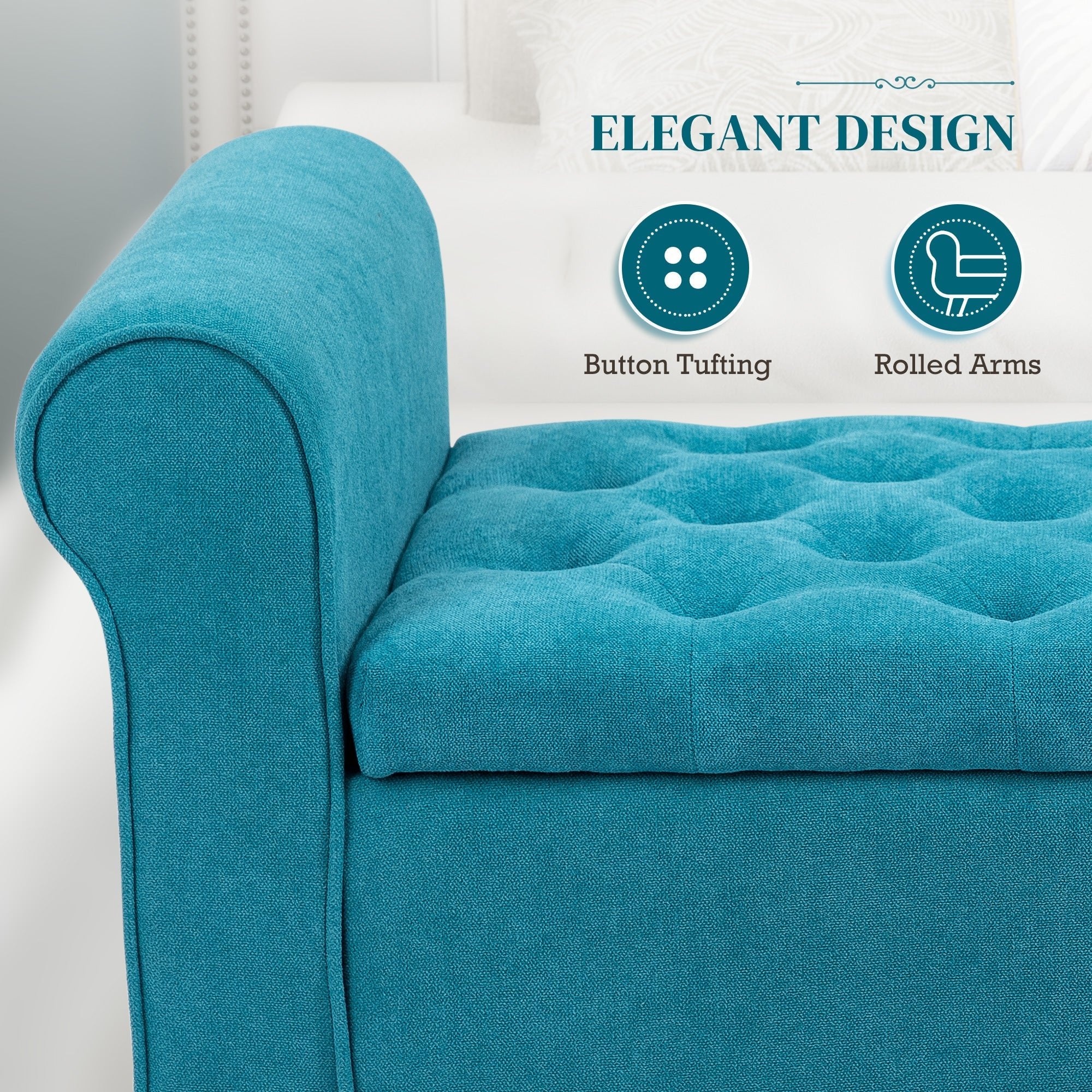 50 Inches Storage Ottoman, End of Bed Bench with Rolled Arms, Wood Legs, Button Tufted Storage Bench, Teal - Noventis Home